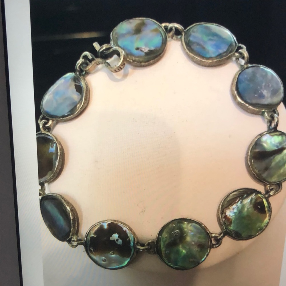 Lou Zeldis Signed Handmade Sterling Silver and Abalone Disc Bracelet Rare